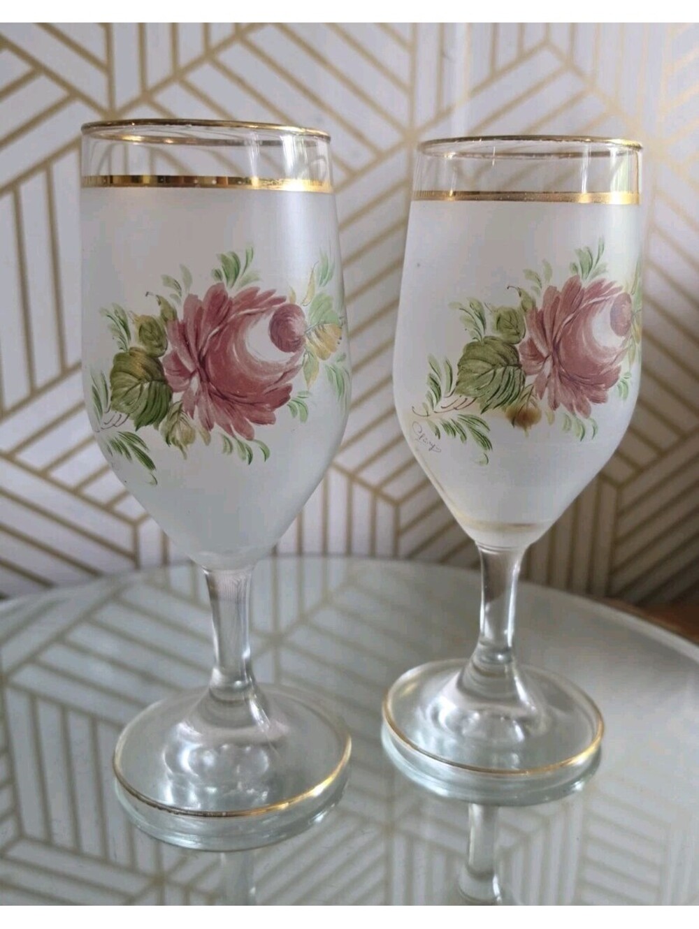 Vintage Interpur Handpainted Rose Frosted Wine Glass Pair 6 5/8”